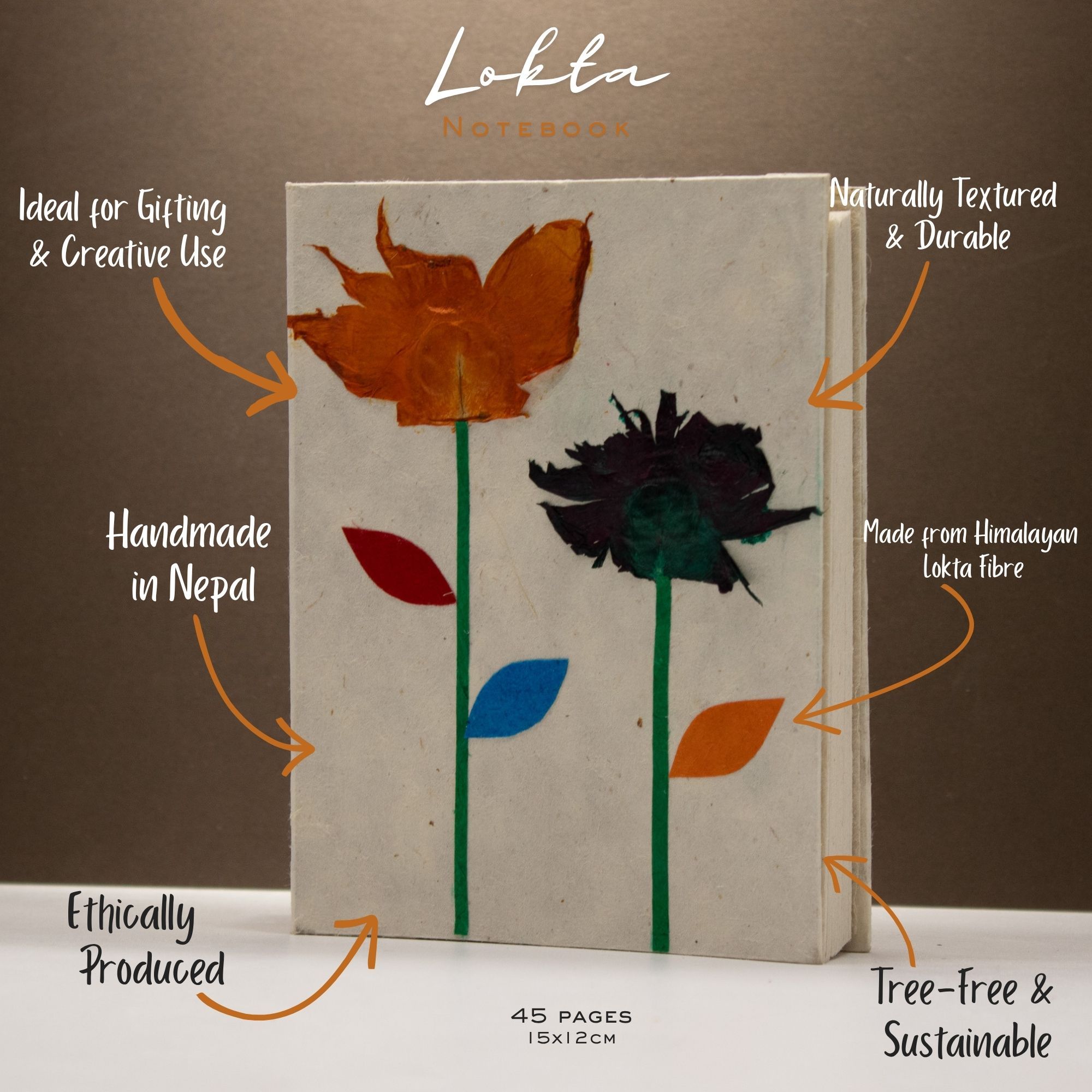Med Lokta Notebook (15X12Cm) – 45 Leafs – Crafted Real Himalayan Floral Design - Billede 2
