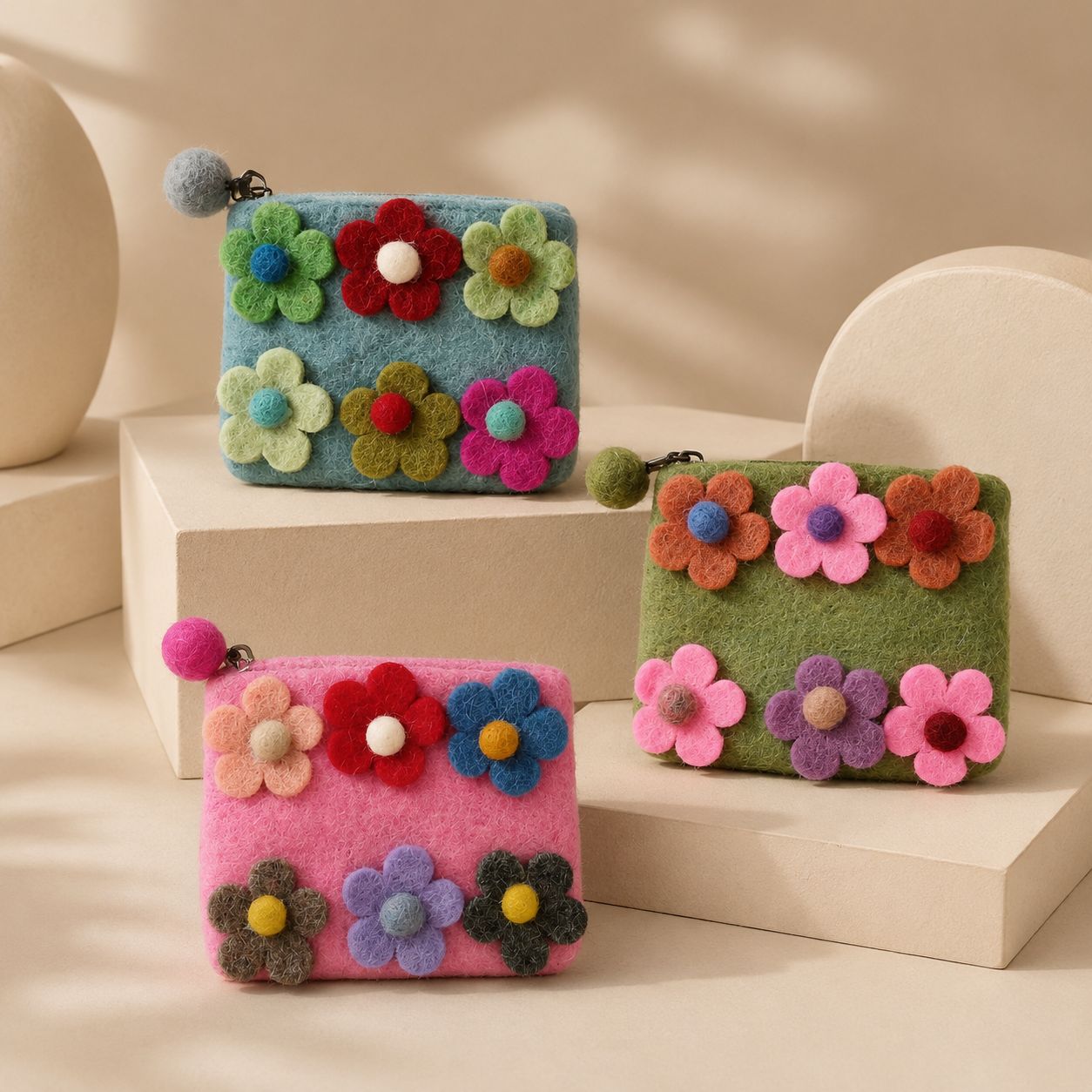 Natural Felt Zipper Pouches – Six Flowers - Billede 2