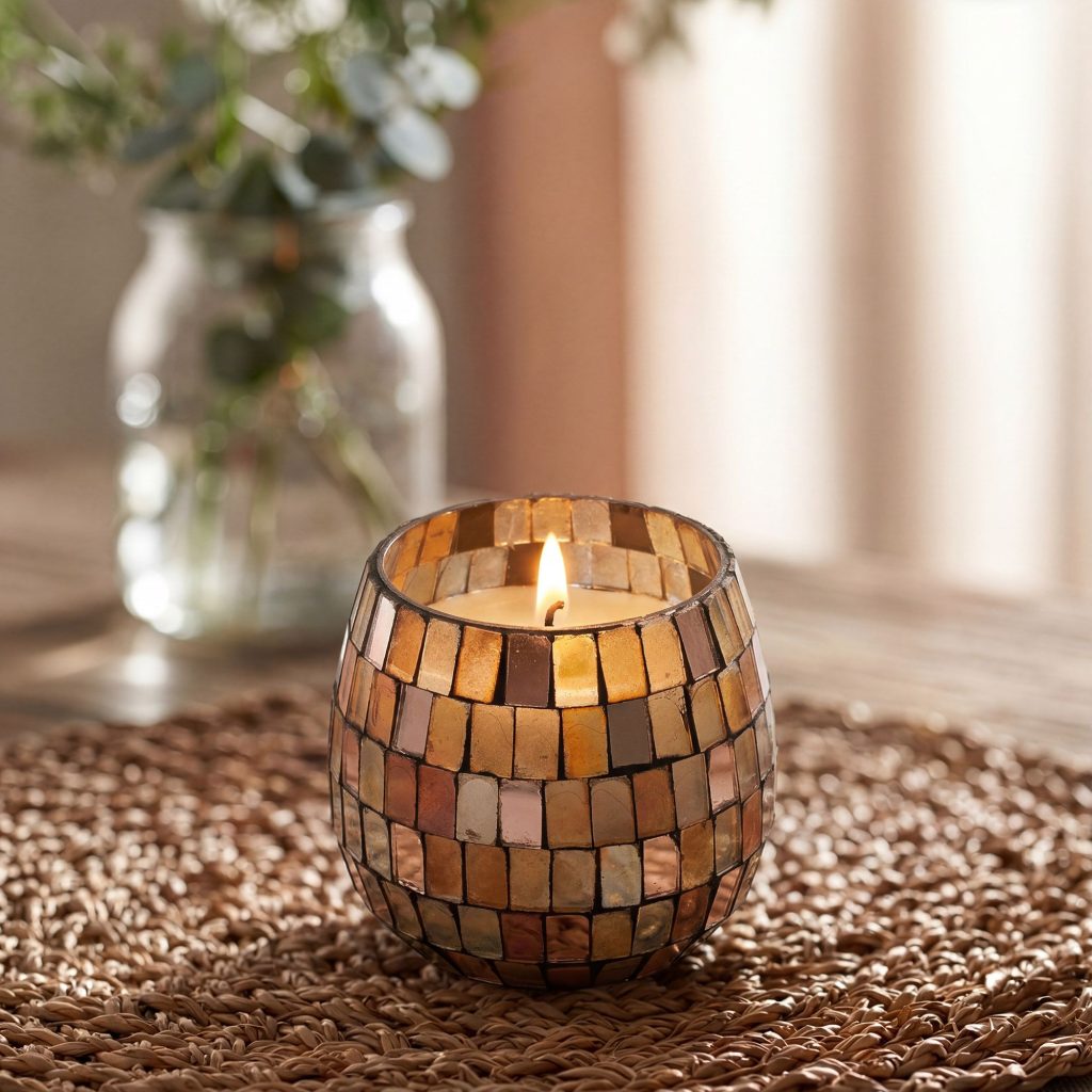 Lille Glasburk-Stearinlys – Amber Mosaic