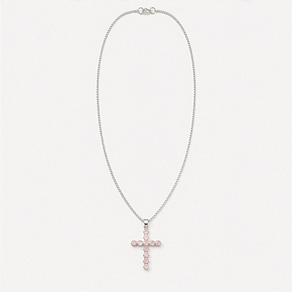 Indisk Andagtsvedhæng – Sølvbelagt (45Cm Chain) – Rose Quartz Crucifix