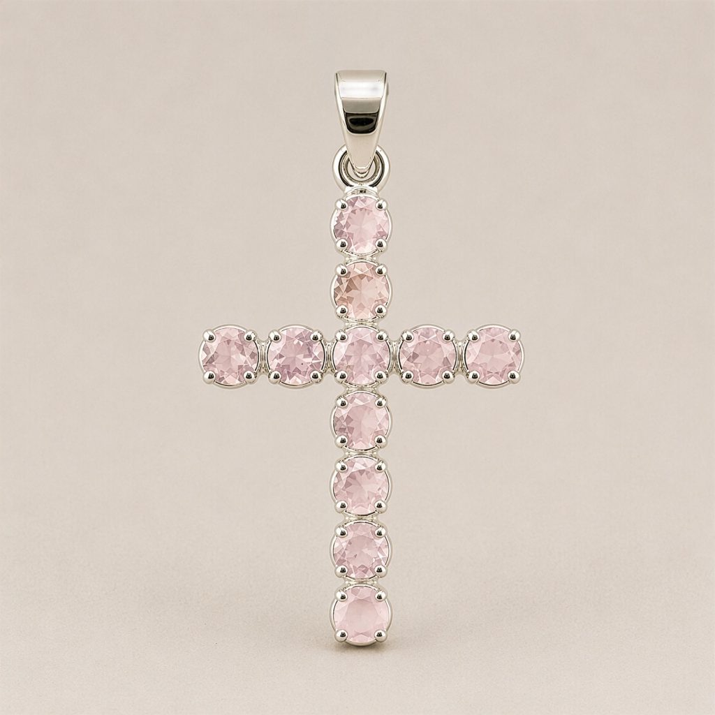 Indisk Andagtsvedhæng – Sølvbelagt (45Cm Chain) – Rose Quartz Crucifix