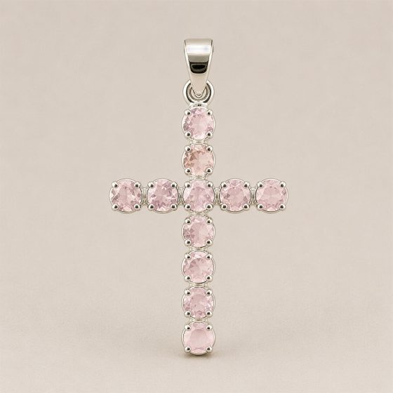Indisk Andagtsvedhæng – Sølvbelagt (45Cm Chain) – Rose Quartz Crucifix - Billede 3