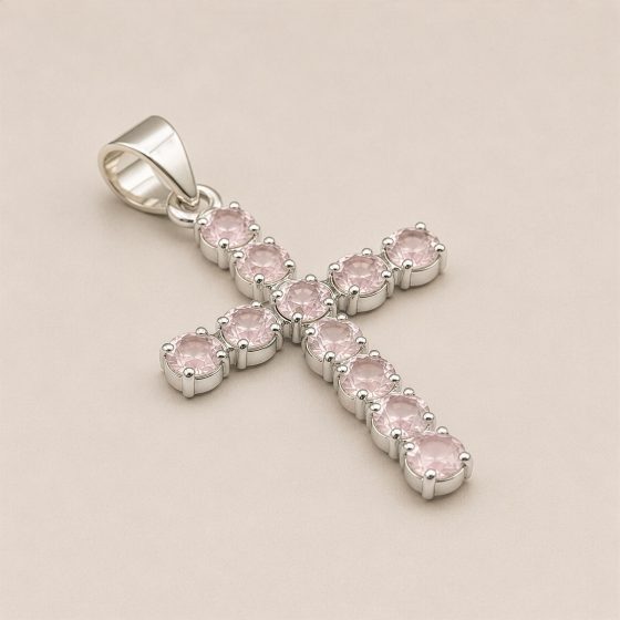 Indisk Andagtsvedhæng – Sølvbelagt (45Cm Chain) – Rose Quartz Crucifix - Billede 4