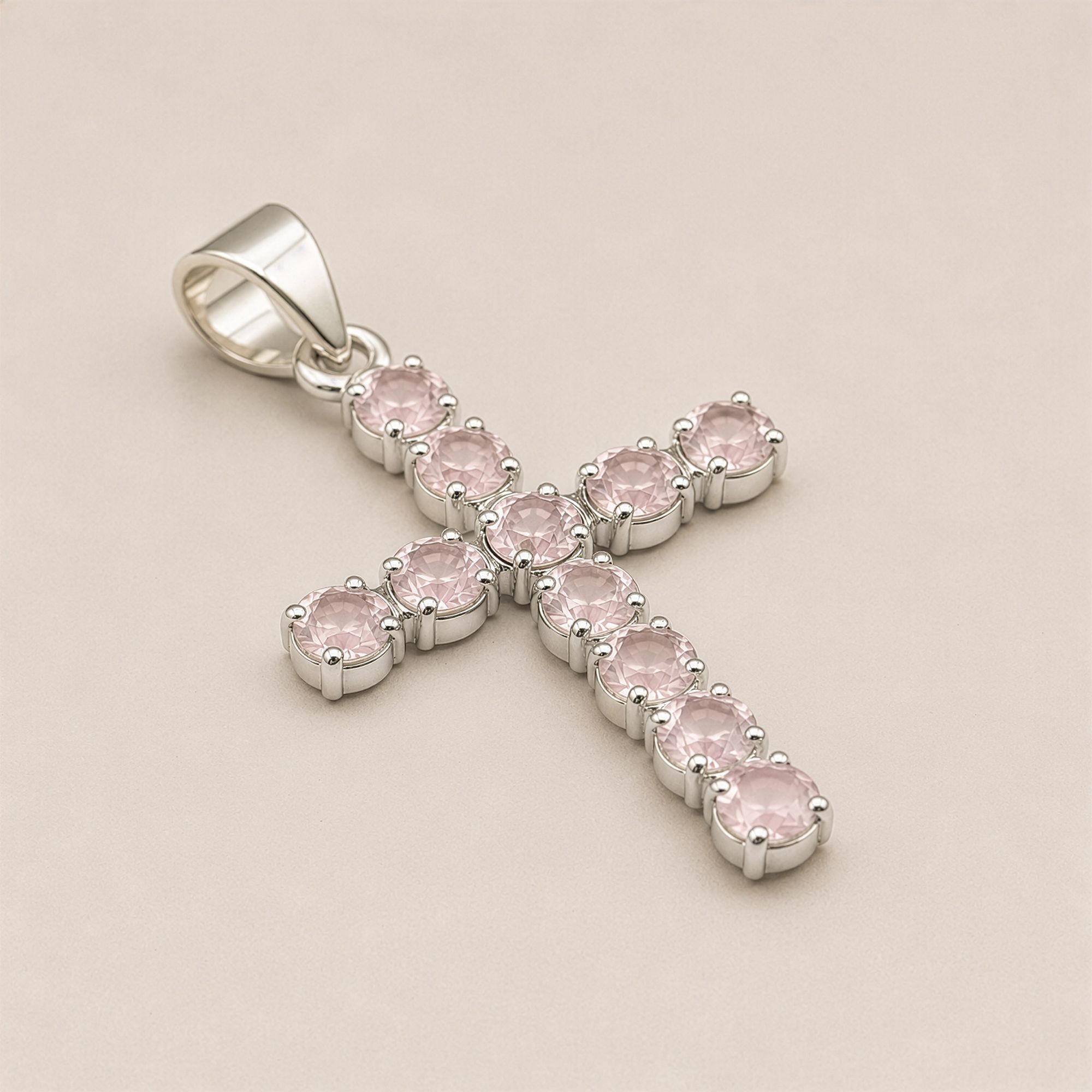 Indisk Andagtsvedhæng – Sølvbelagt (45Cm Chain) – Rose Quartz Crucifix - Billede 4