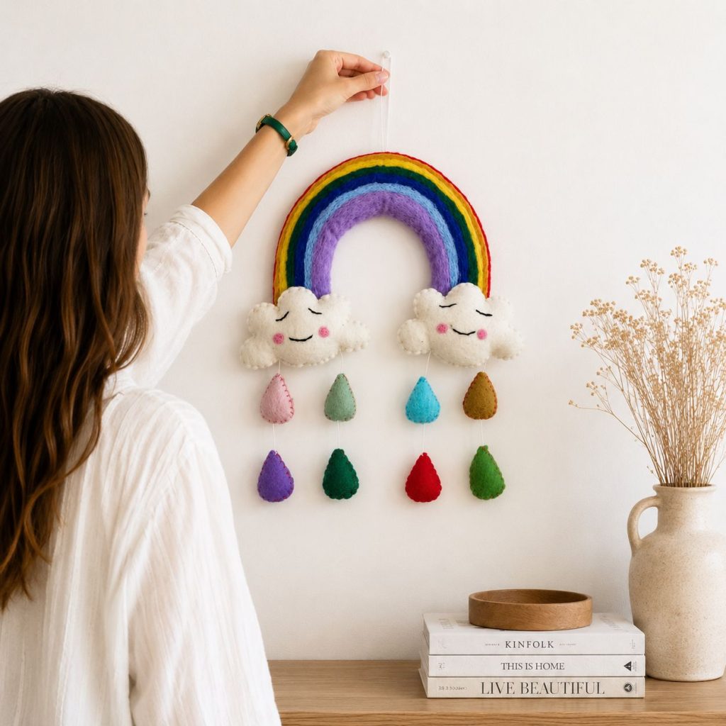 Handmade Felt Mobile – Rainbow Happy Clouds