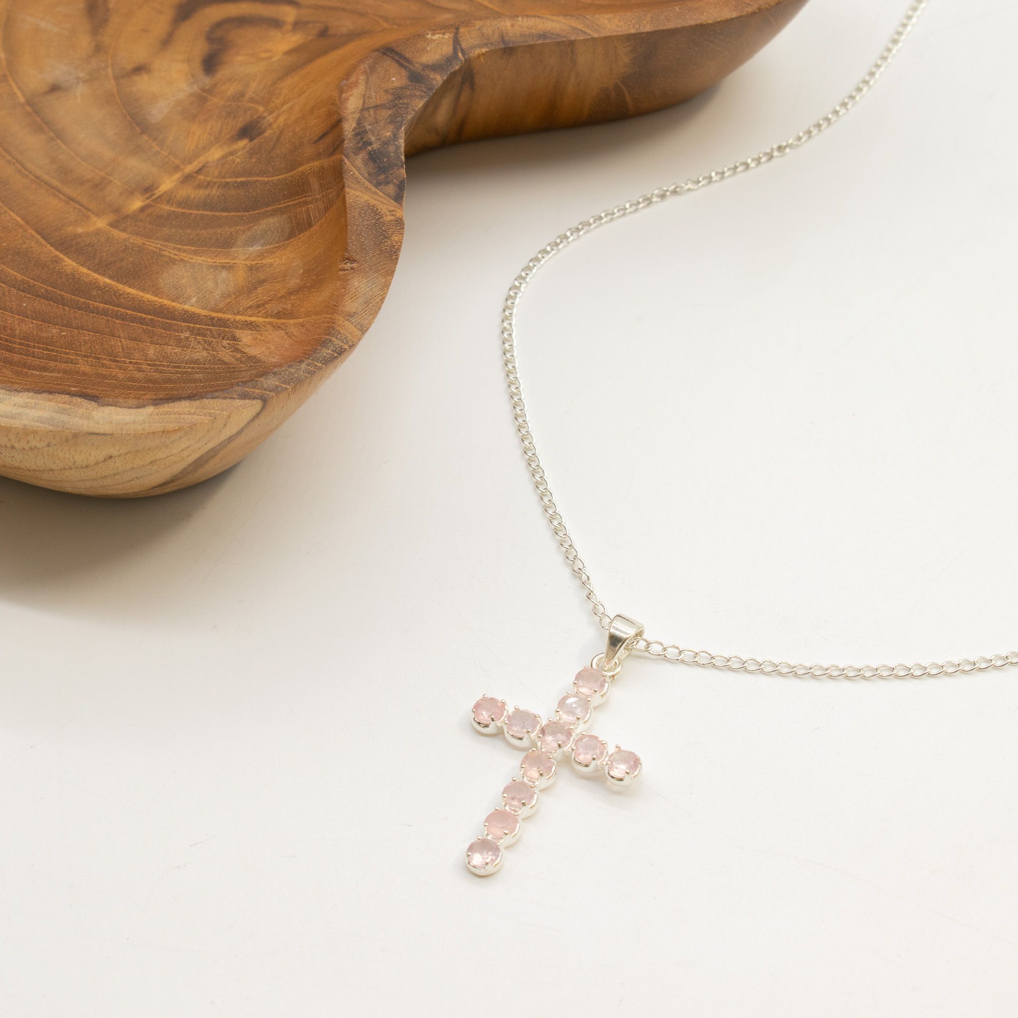 Indisk Andagtsvedhæng – Sølvbelagt (45Cm Chain) – Rose Quartz Crucifix - Billede 5