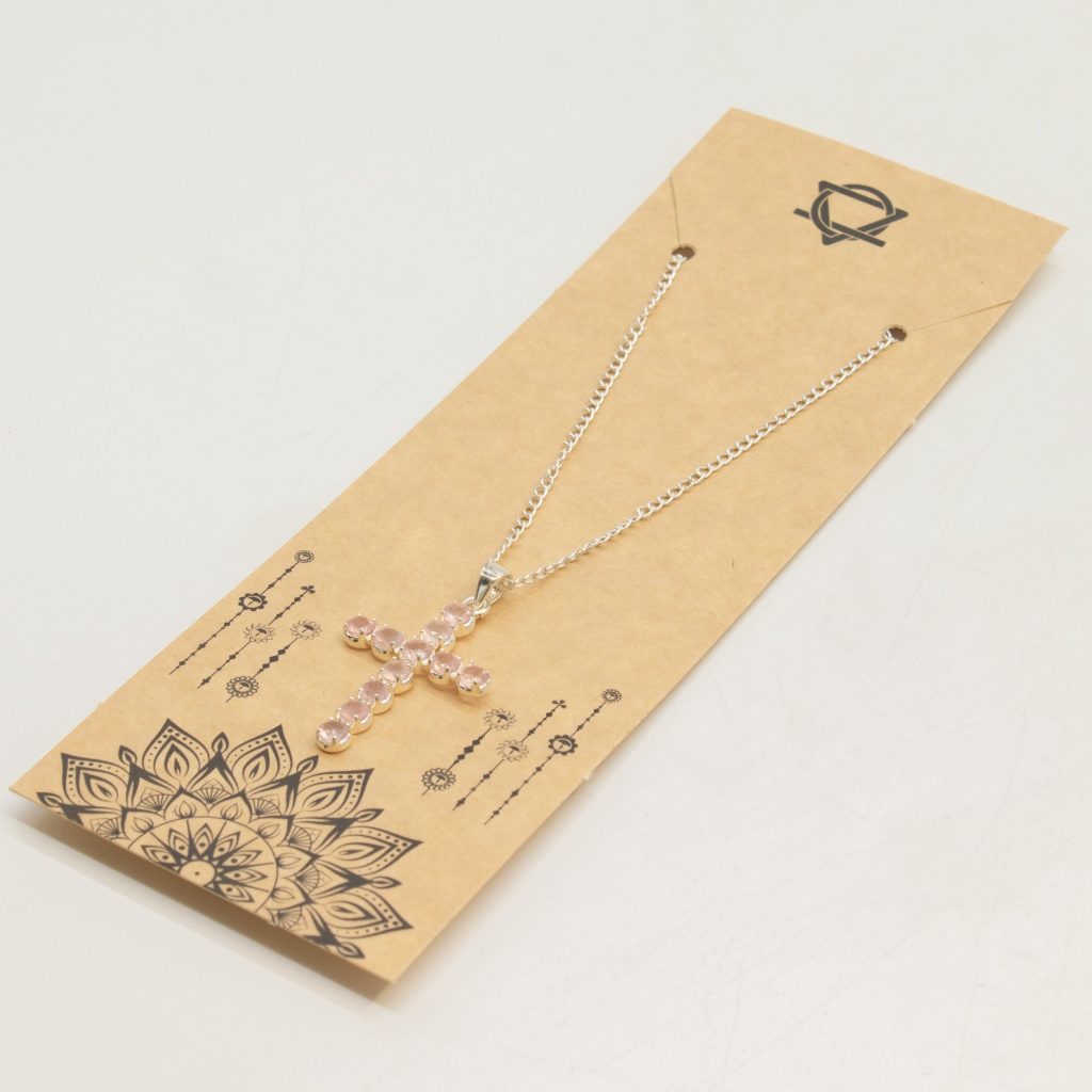 Indisk Andagtsvedhæng – Sølvbelagt (45Cm Chain) – Rose Quartz Crucifix