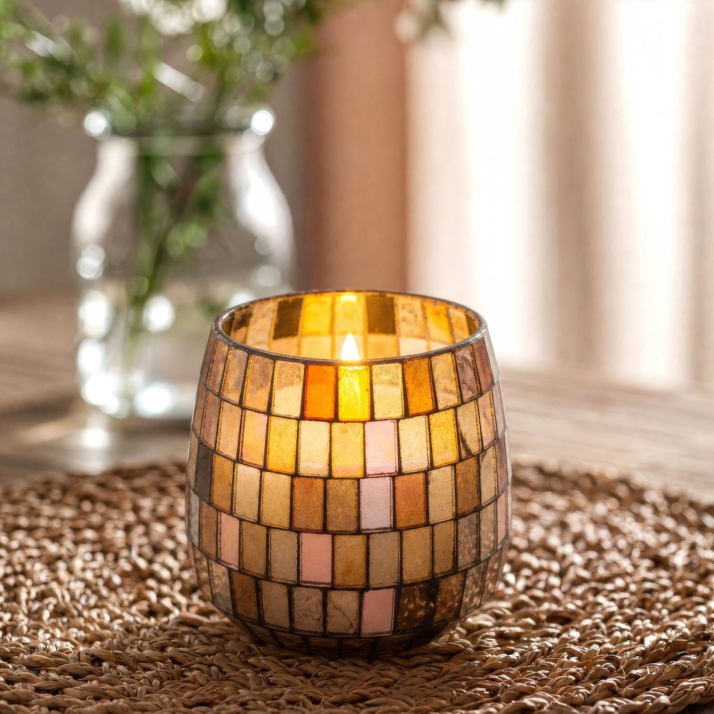 Mellem Glasburk-Stearinlys – Amber Mosaic