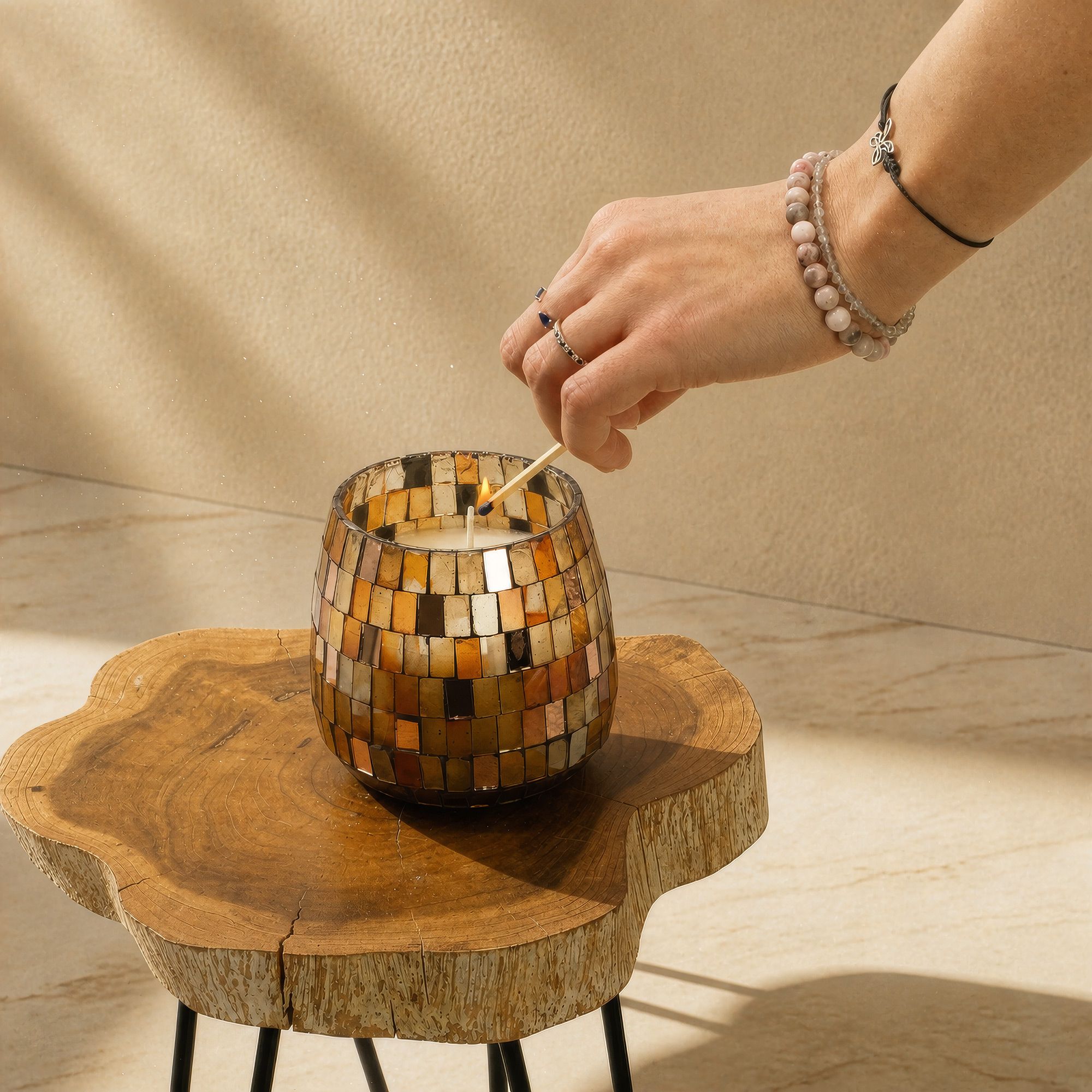 Mellem Glasburk-Stearinlys – Amber Mosaic - Billede 3