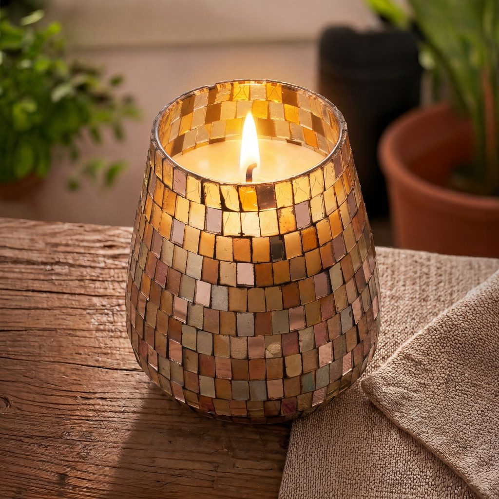 Høje Glasburk-Stearinlys – Amber Mosaic