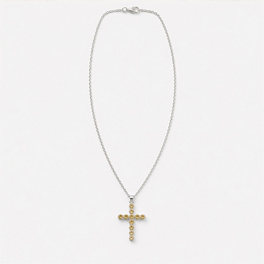 Indisk Andagtsvedhæng – Sølvbelagt (45Cm Chain) – Citrine Crucifix