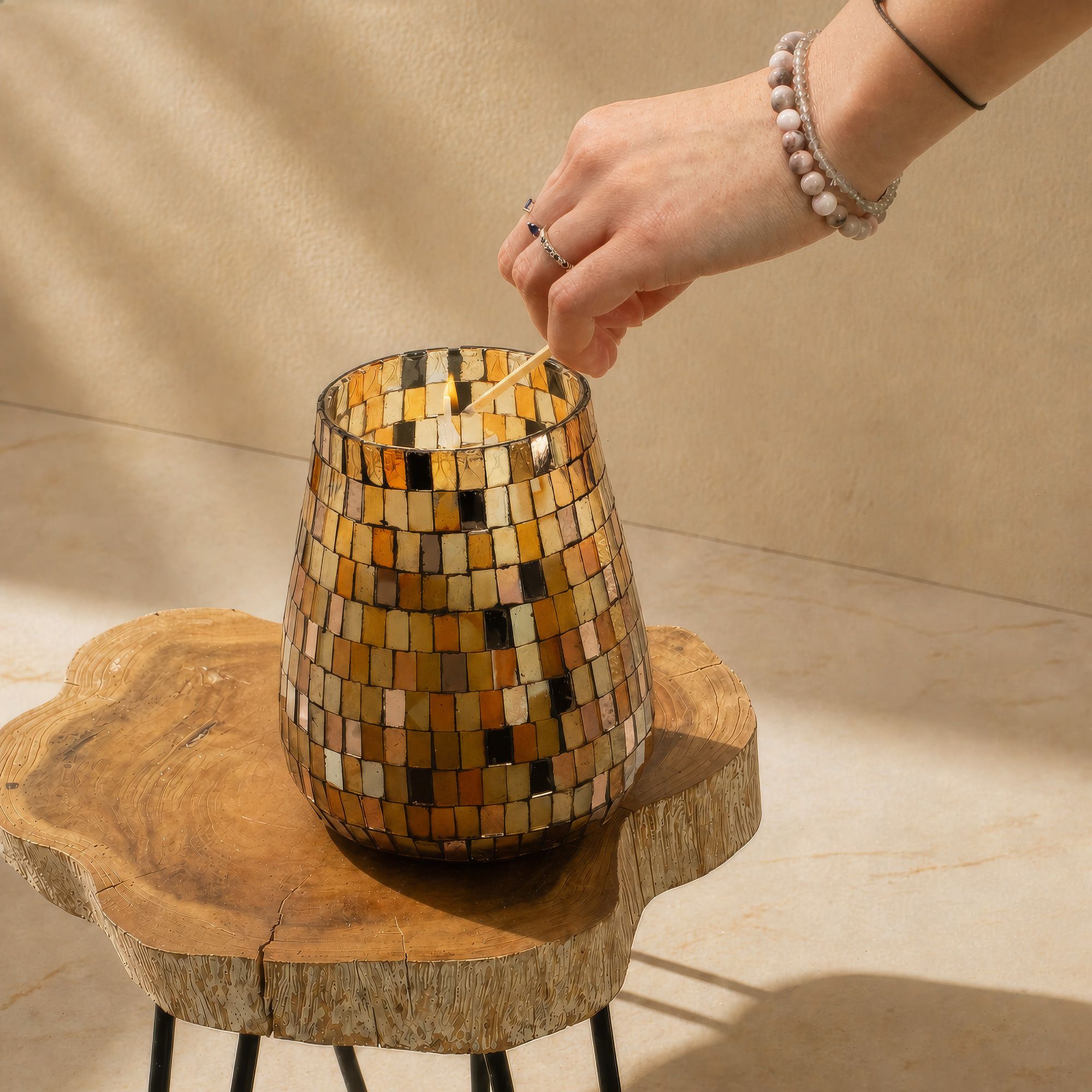 Høje Glasburk-Stearinlys – Amber Mosaic - Billede 2