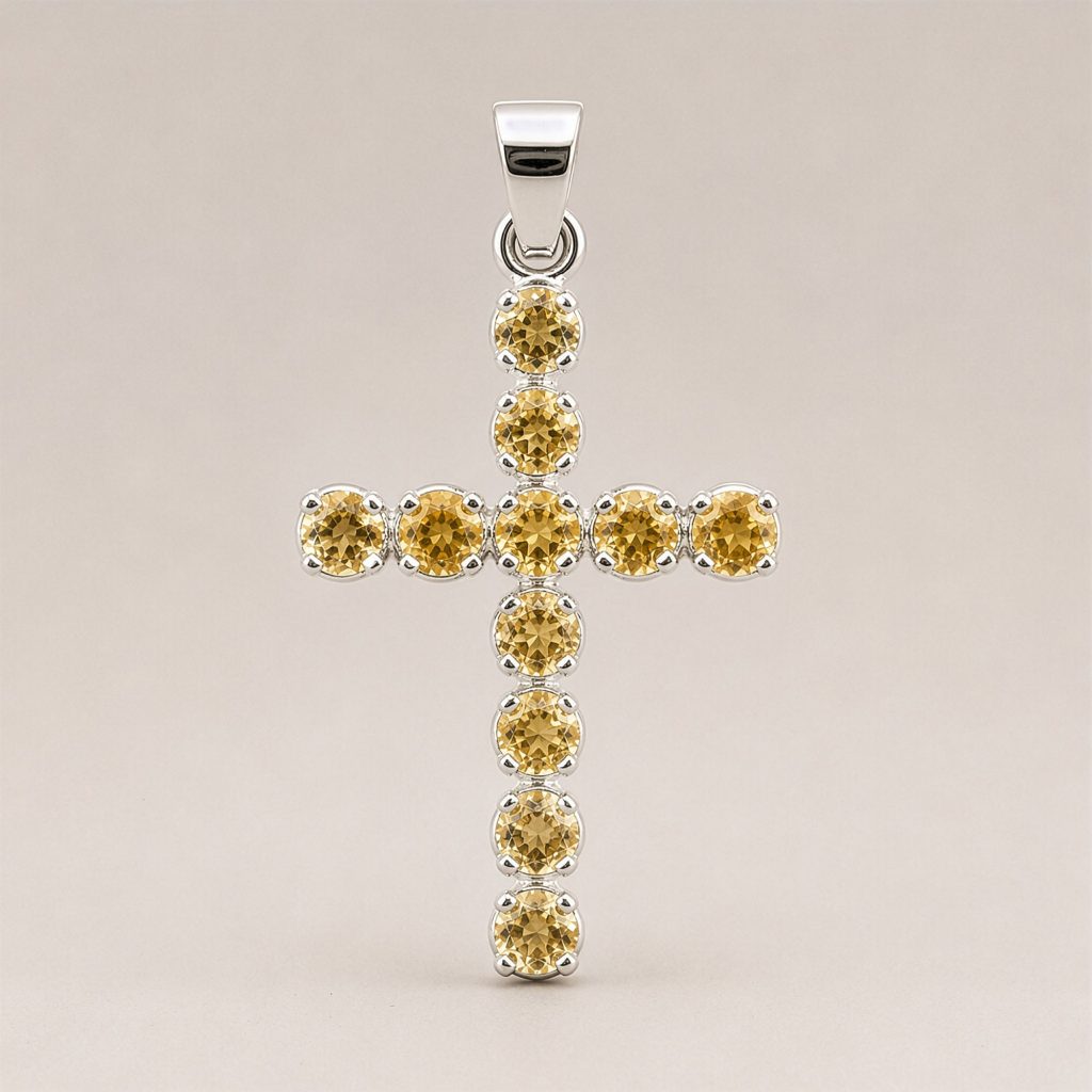Indisk Andagtsvedhæng – Sølvbelagt (45Cm Chain) – Citrine Crucifix