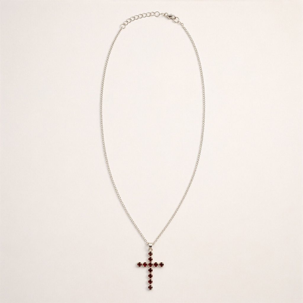Indisk Andagtsvedhæng – Sølvbelagt (45Cm Chain) – Garnet Crucifix
