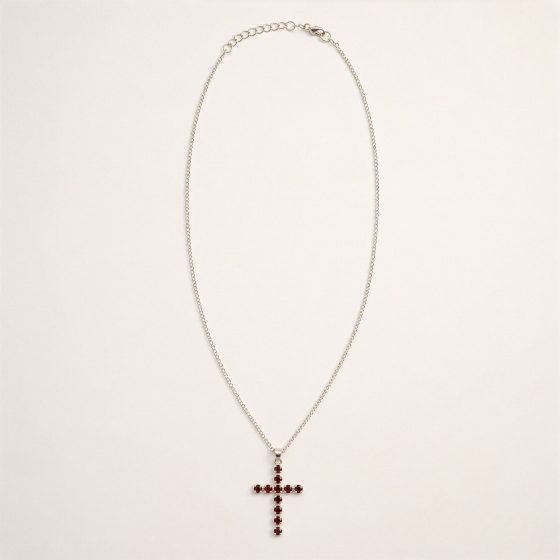 Indisk Andagtsvedhæng – Sølvbelagt (45Cm Chain) – Garnet Crucifix - Billede 2