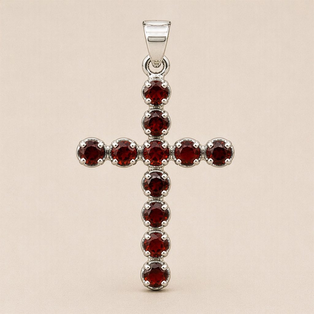 Indisk Andagtsvedhæng – Sølvbelagt (45Cm Chain) – Garnet Crucifix