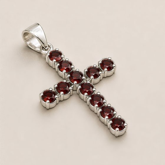 Indisk Andagtsvedhæng – Sølvbelagt (45Cm Chain) – Garnet Crucifix - Billede 4
