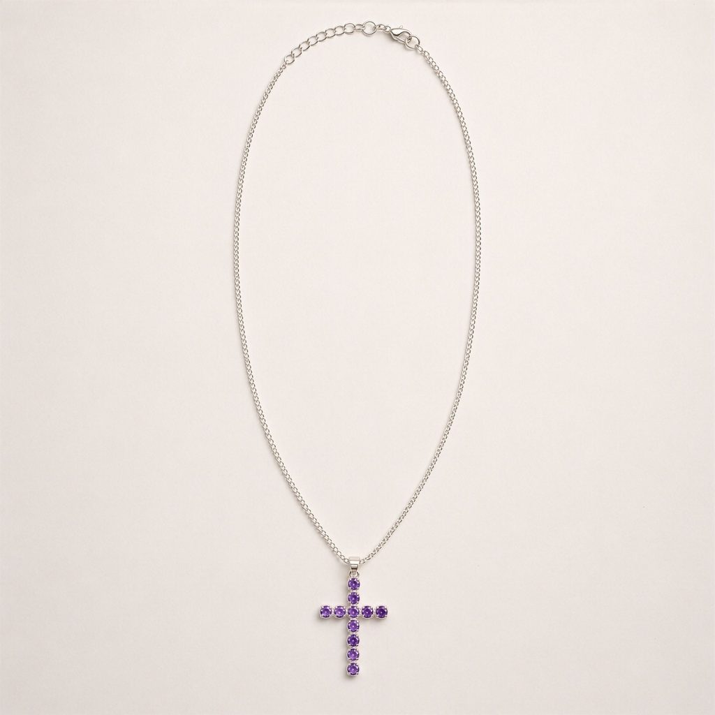 Indisk Andagtsvedhæng – Sølvbelagt (45Cm Chain) – Amethyst Crucifix
