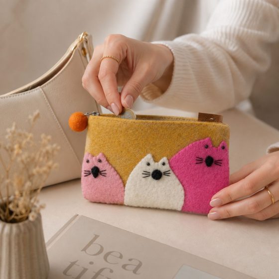 Natural Felt Zipper Pouches – Three Fat Cats - Billede 6