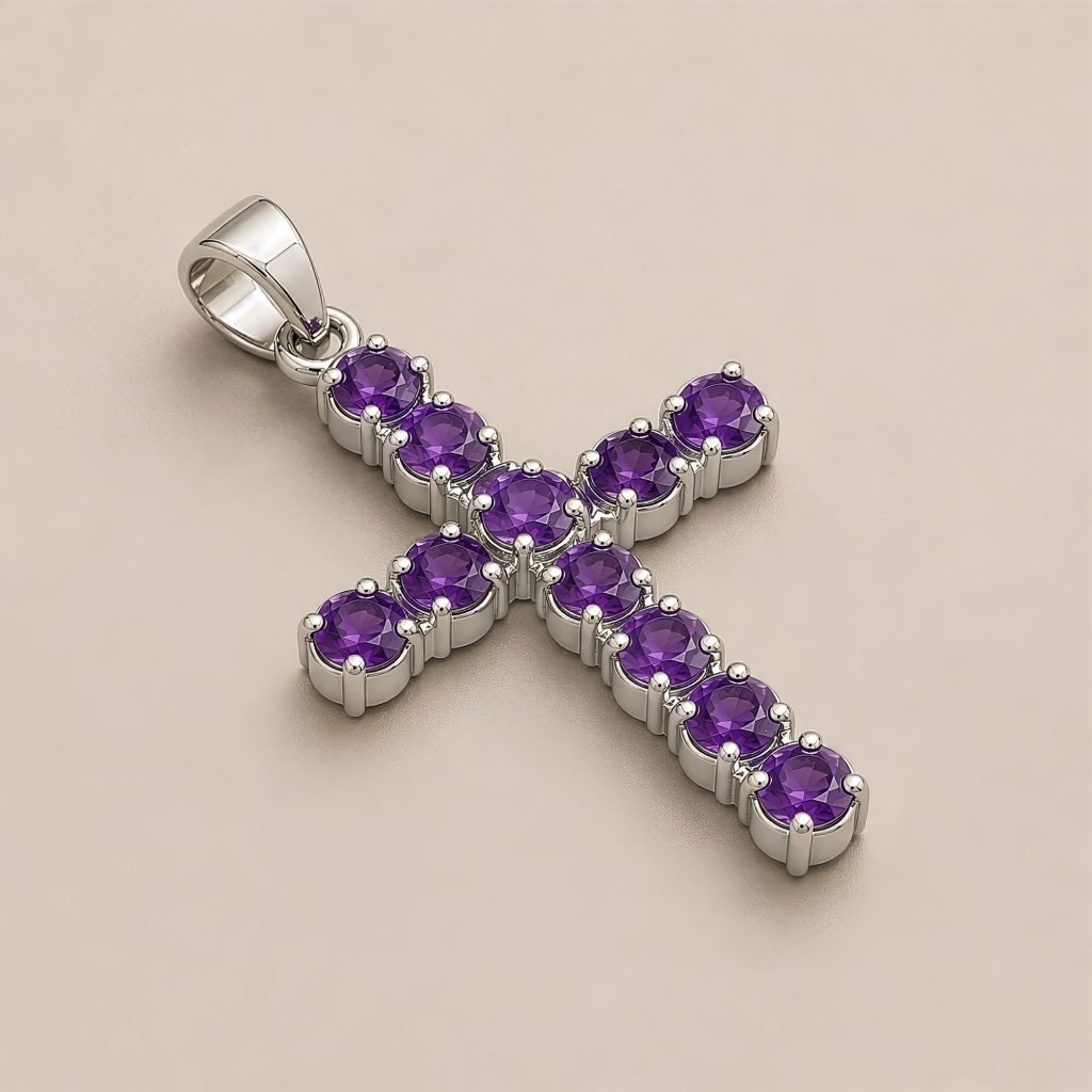 Indisk Andagtsvedhæng – Sølvbelagt (45Cm Chain) – Amethyst Crucifix